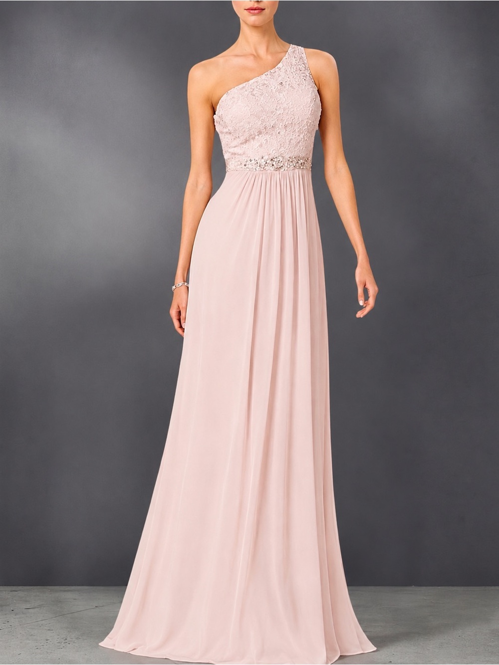 Adrianna Papell Blush Lace Crystal Embellished One-Shoulder Formal Gown - Picture 12 of 12